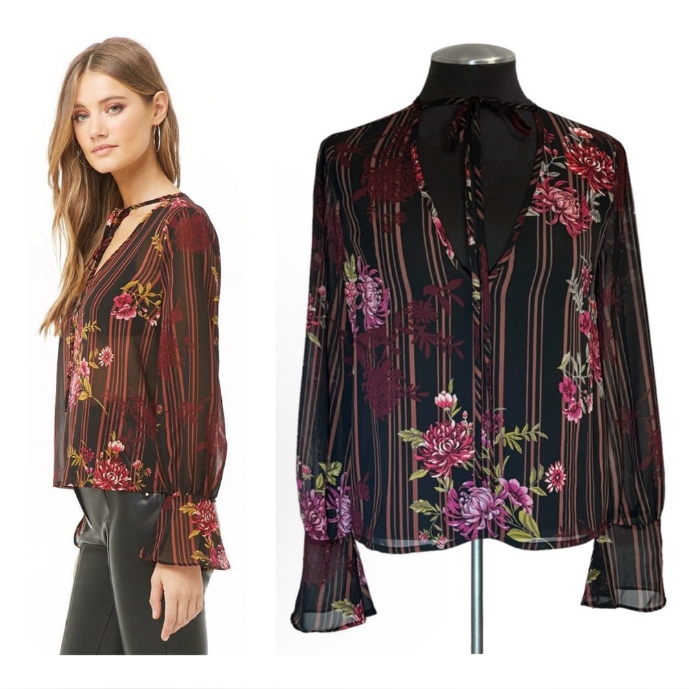 Forever 21 - Sheer Floral Stripe Cropped Bell Sleeve Blouse Top - Small
